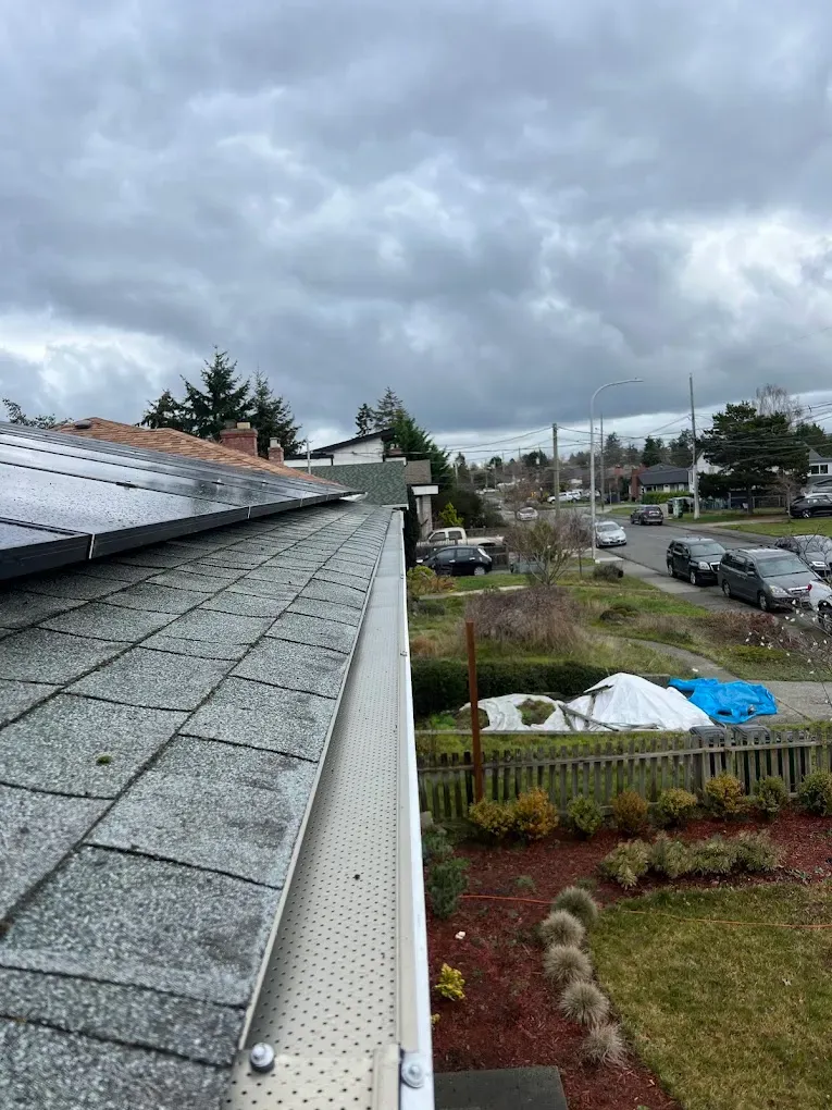 A perforated gutter guard fitted along a gutter run on a house